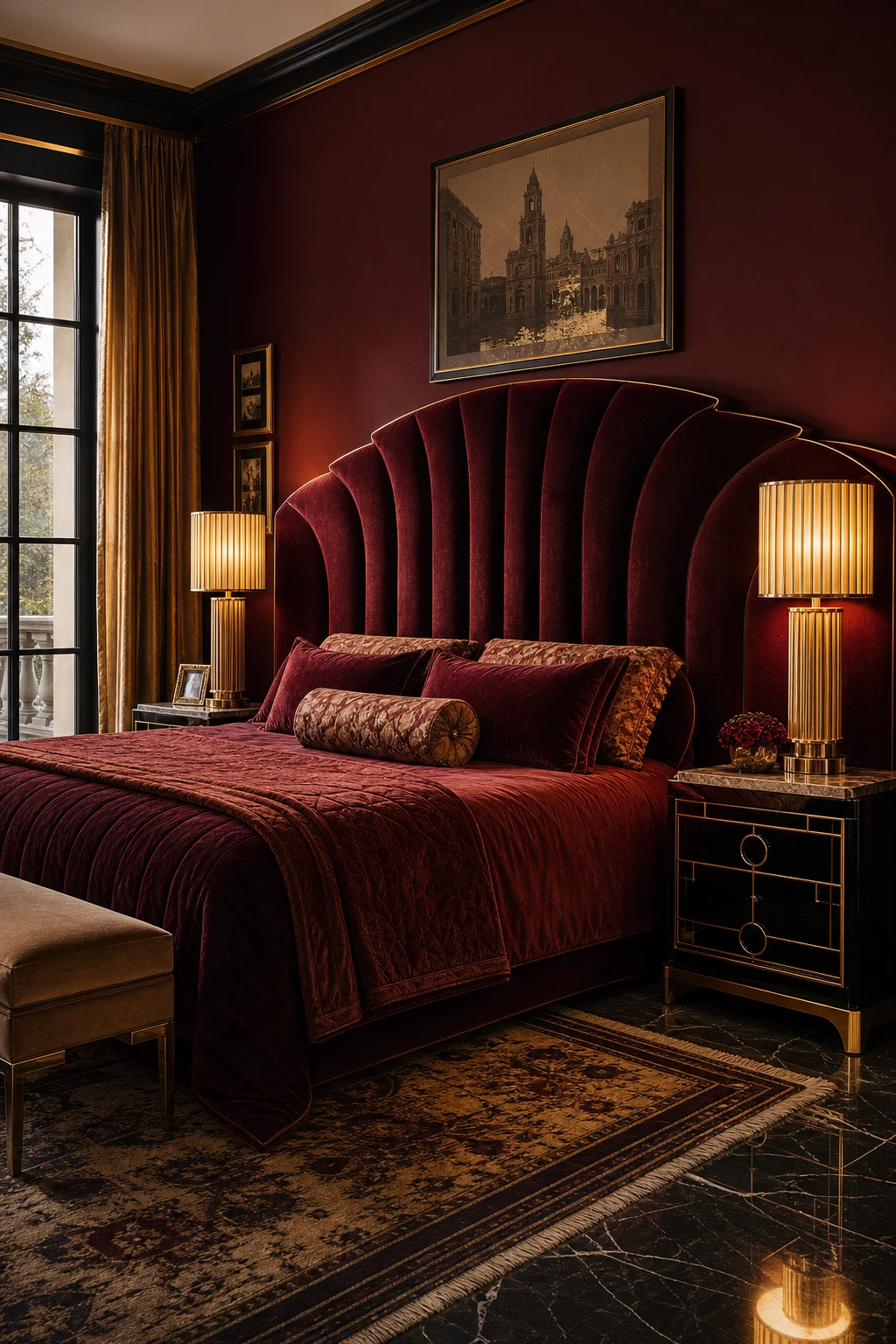 Italian Art Deco bedroom with full glam styling, deep red walls, velvet bedhead, gilded furniture, geometric marquetry floor and silk drapery in warm evening light