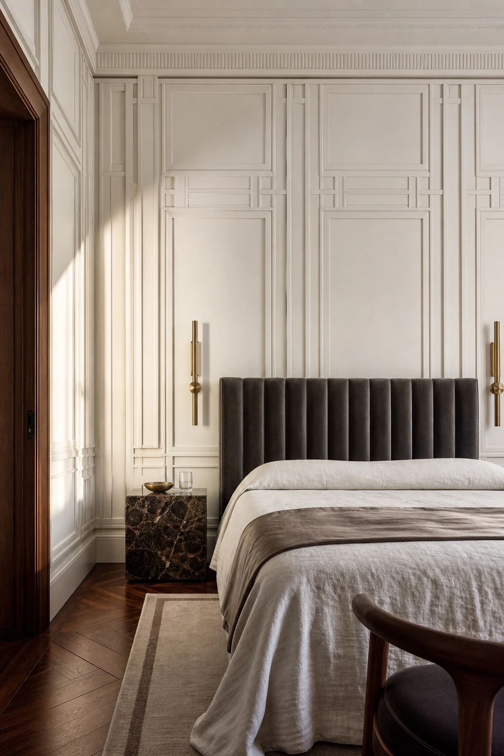 Italian Art Deco bedroom with geometric wall panelling painted Farrow & Ball Shaded White, brass inlay details, and a sculptural upholstered headboard as the centrepiece
