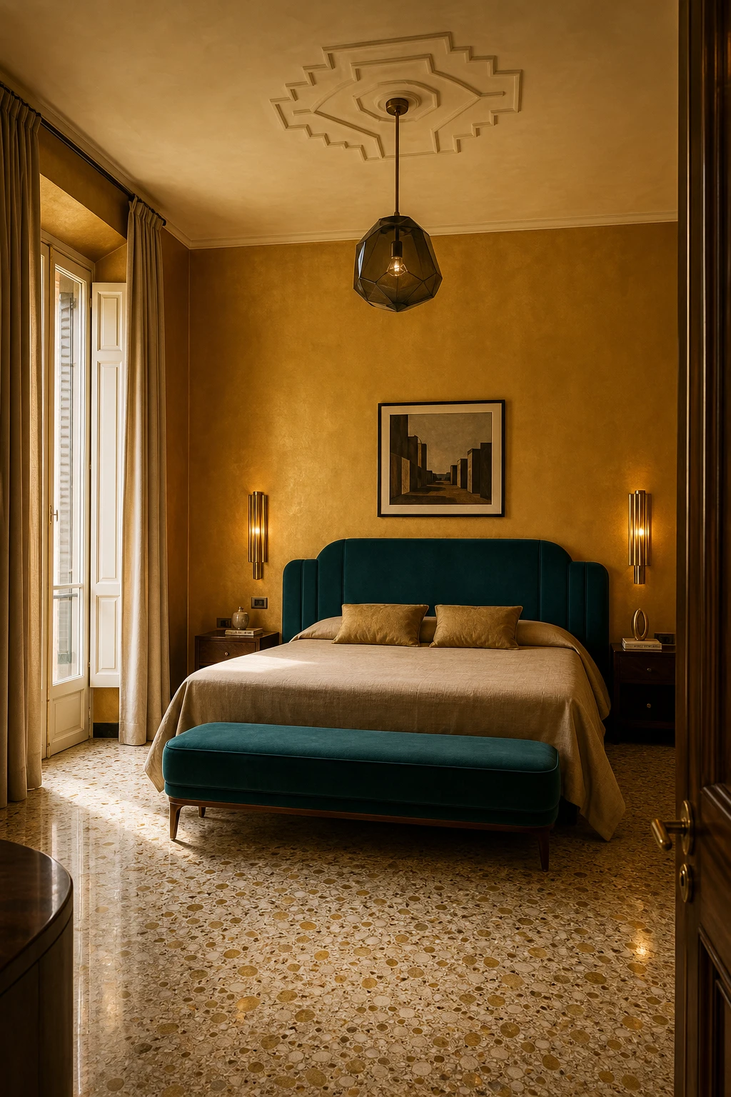 Italian Art Deco bedroom with gold metallic walls, velvet headboard, geometric ceiling rose, terrazzo floor and warm evening light