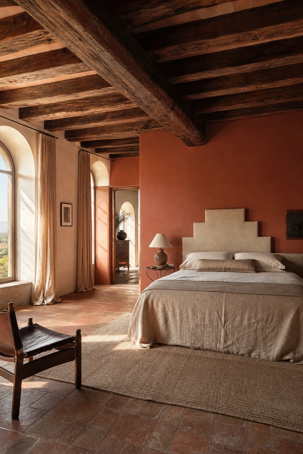 Italian Art Deco bedroom with Italian Farmhouse character, terracotta walls, rough hewn timber beams, geometric headboard and handmade ceramic accents in warm natural light