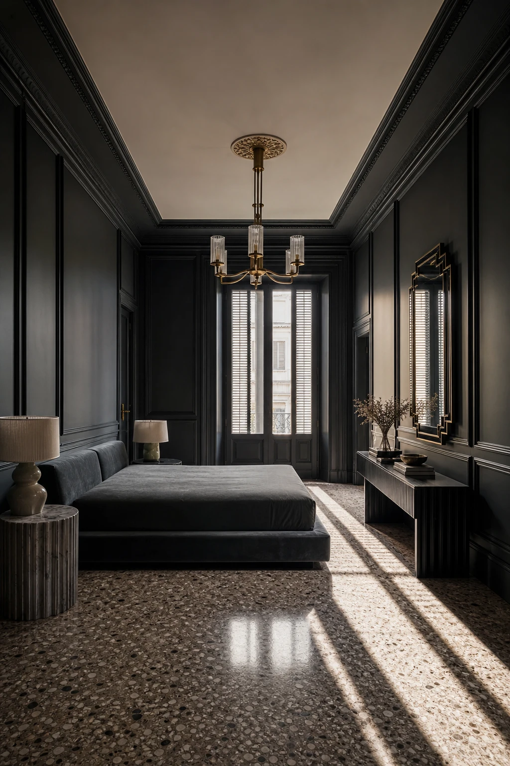 Italian Art Deco bedroom with Milanese sophistication, featuring curated furnishings, geometric detailing, rich materials and Farrow & Ball Blackened walls in cool white light