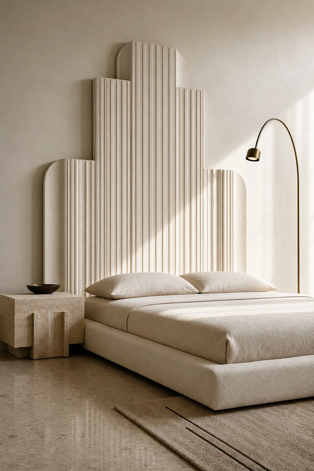 Italian Art Deco bedroom with minimalist sensibility, single sculptural headboard as hero, Farrow and Ball Bone painted walls, cool neutral palette