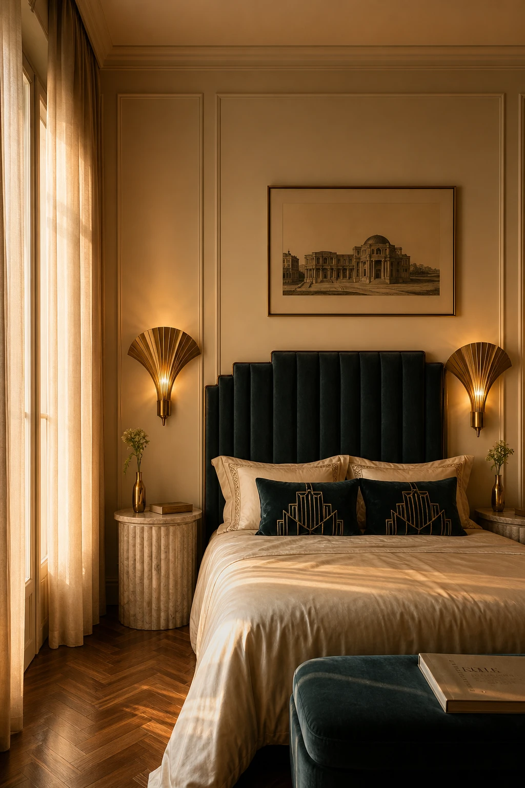 Italian Art Deco bedroom with sculptural brass wall sconces casting warm amber light across Farrow and Ball Tallow walls beside an upholstered bed