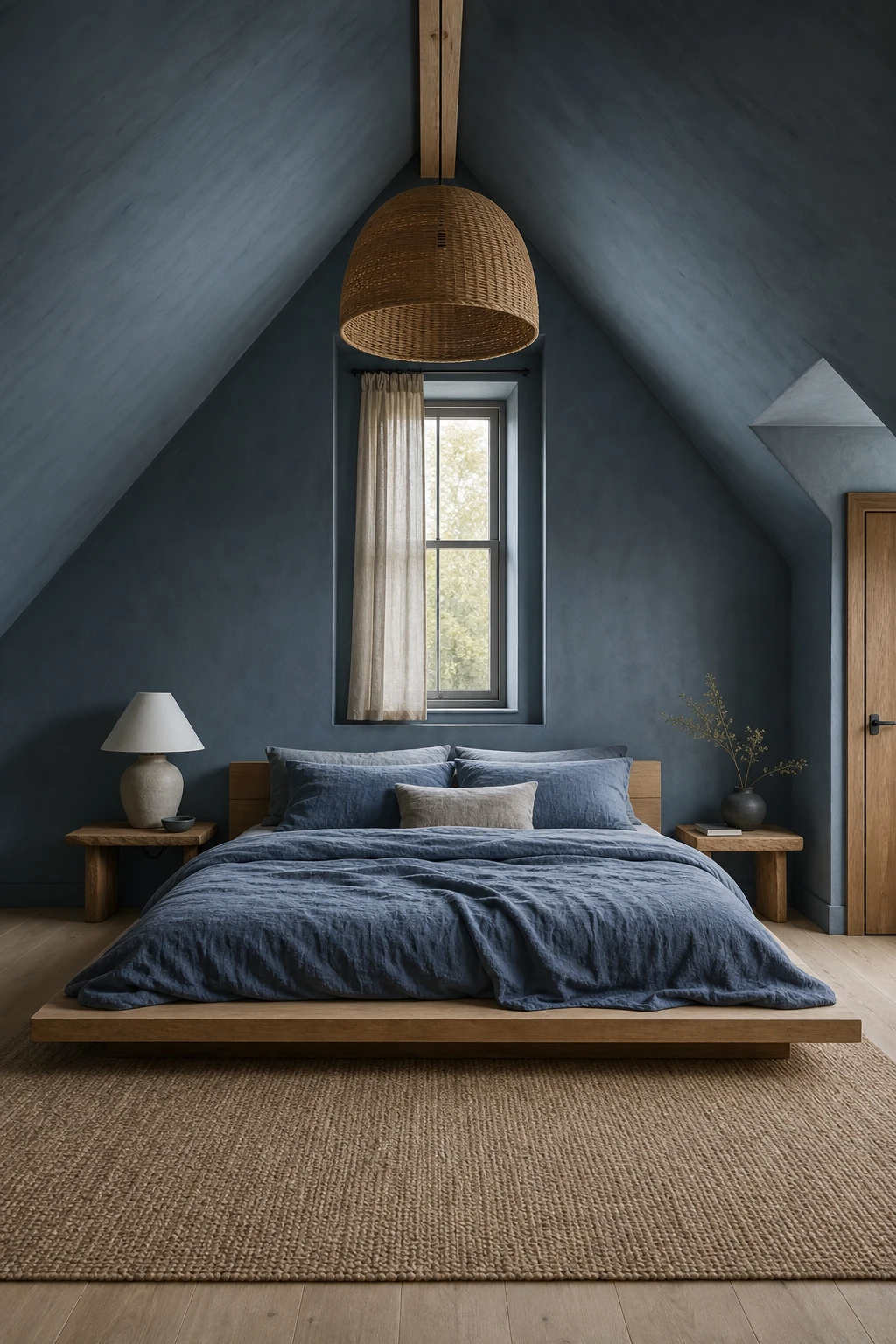 Japandi attic bedroom with sloped ceilings painted in Farrow & Ball Yonder, blue linen bedding, natural wood furniture, and rattan pendant light