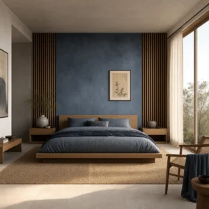 Japandi bedroom with a low oak platform bed, dusty blue linen bedding, smoky blue plaster walls, dark wood wall slats, seagrass rug, and soft morning light through sheer linen curtains.