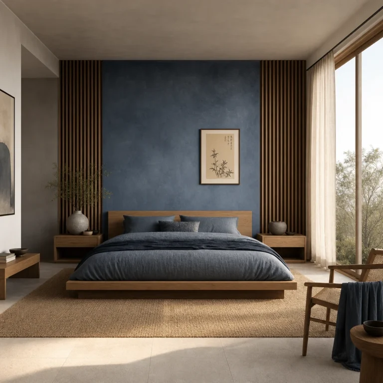Japandi bedroom with a low oak platform bed, dusty blue linen bedding, smoky blue plaster walls, dark wood wall slats, seagrass rug, and soft morning light through sheer linen curtains.