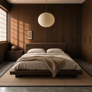 Japandi bedroom with dark walnut platform bed, brown boucle headboard, full height dark wood panel walls, fitted wardrobes, washi pendant, and warm amber morning light from a shoji window.