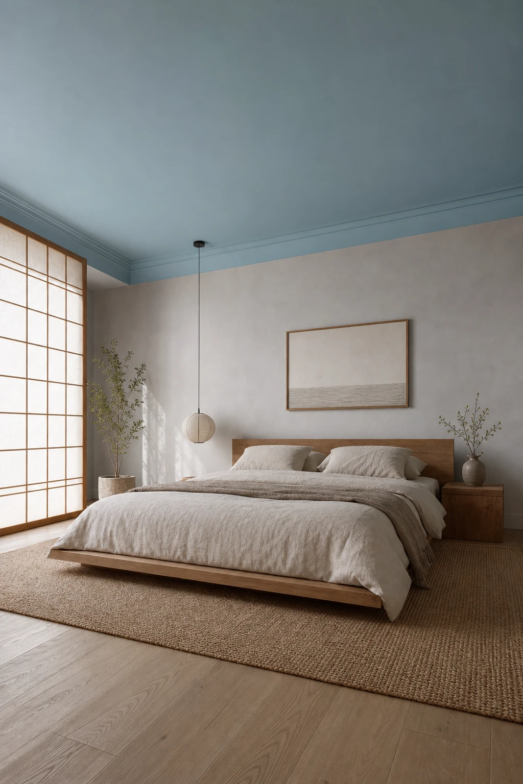 Japandi bedroom with a blue painted ceiling as the hero, low platform bed, linen bedding, shoji screen, and natural wood nightstand in soft morning light