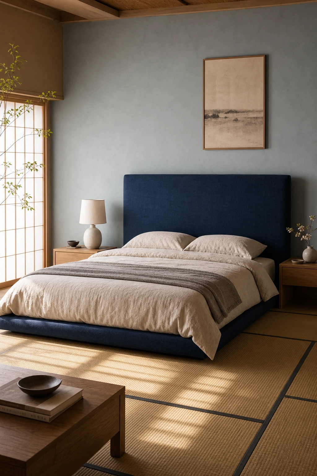 Japandi bedroom with a blue upholstered bed as the focal point, neutral walls, low wooden nightstands, linen bedding, and soft morning light