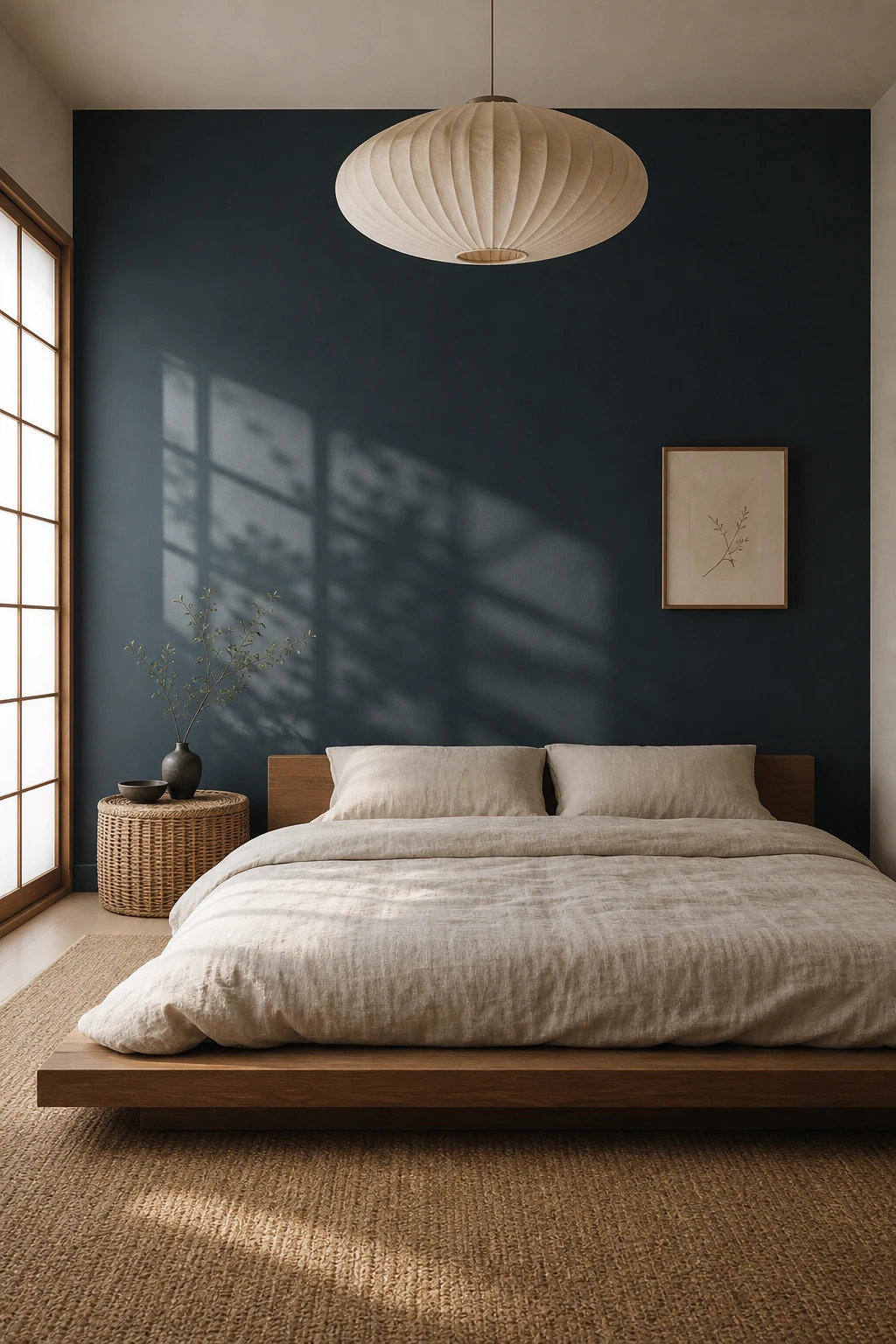 Japandi bedroom with a deep blue dark accent wall behind a low platform bed, natural linen bedding, paper pendant light and oak flooring in soft morning light