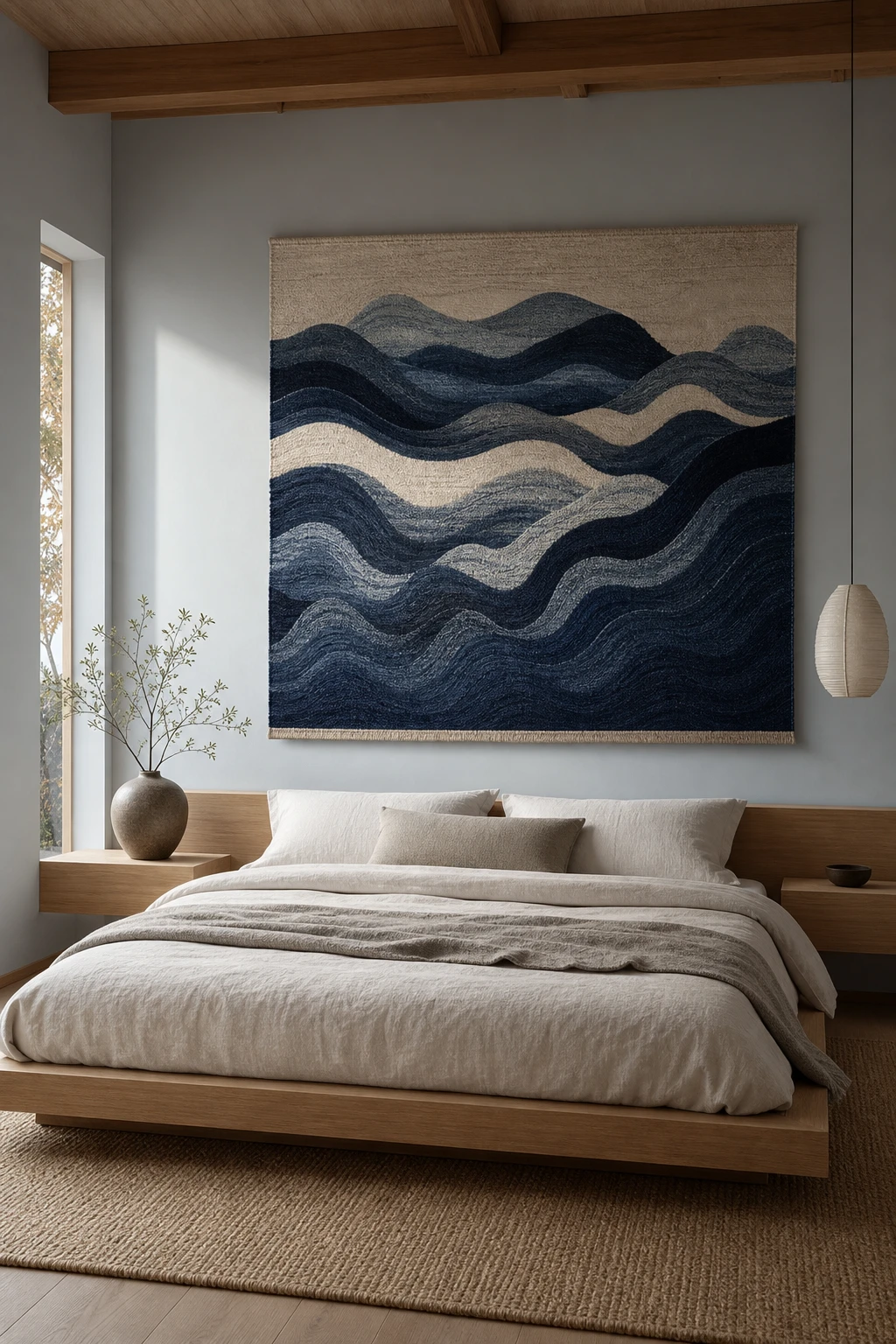 Japandi bedroom with a large blue wave tapestry as the focal wall art, linen bedding, low platform bed, and Farrow and Ball Kittiwake painted walls in soft morning light