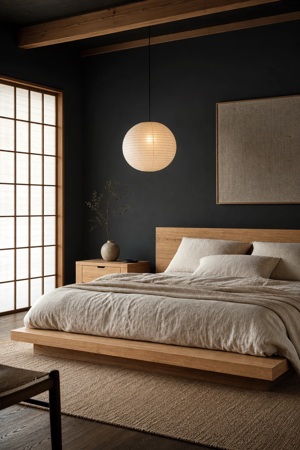 Japandi bedroom with a light oak bed frame set against a dark Plummett grey wall, linen bedding, washi paper pendant, and a low oak nightstand