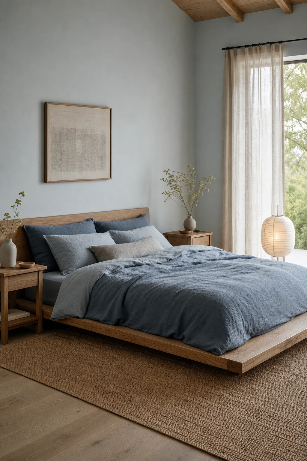 Japandi bedroom with a low oak platform bed dressed in layered dusty blue linen bedding, pale wood nightstands, and soft morning light on Borrowed Light painted walls