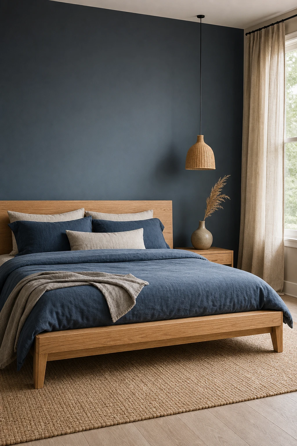 Japandi bedroom with a modern wood bed frame as hero, dressed in layered blue bedding, warm morning light, natural linen and rattan accents