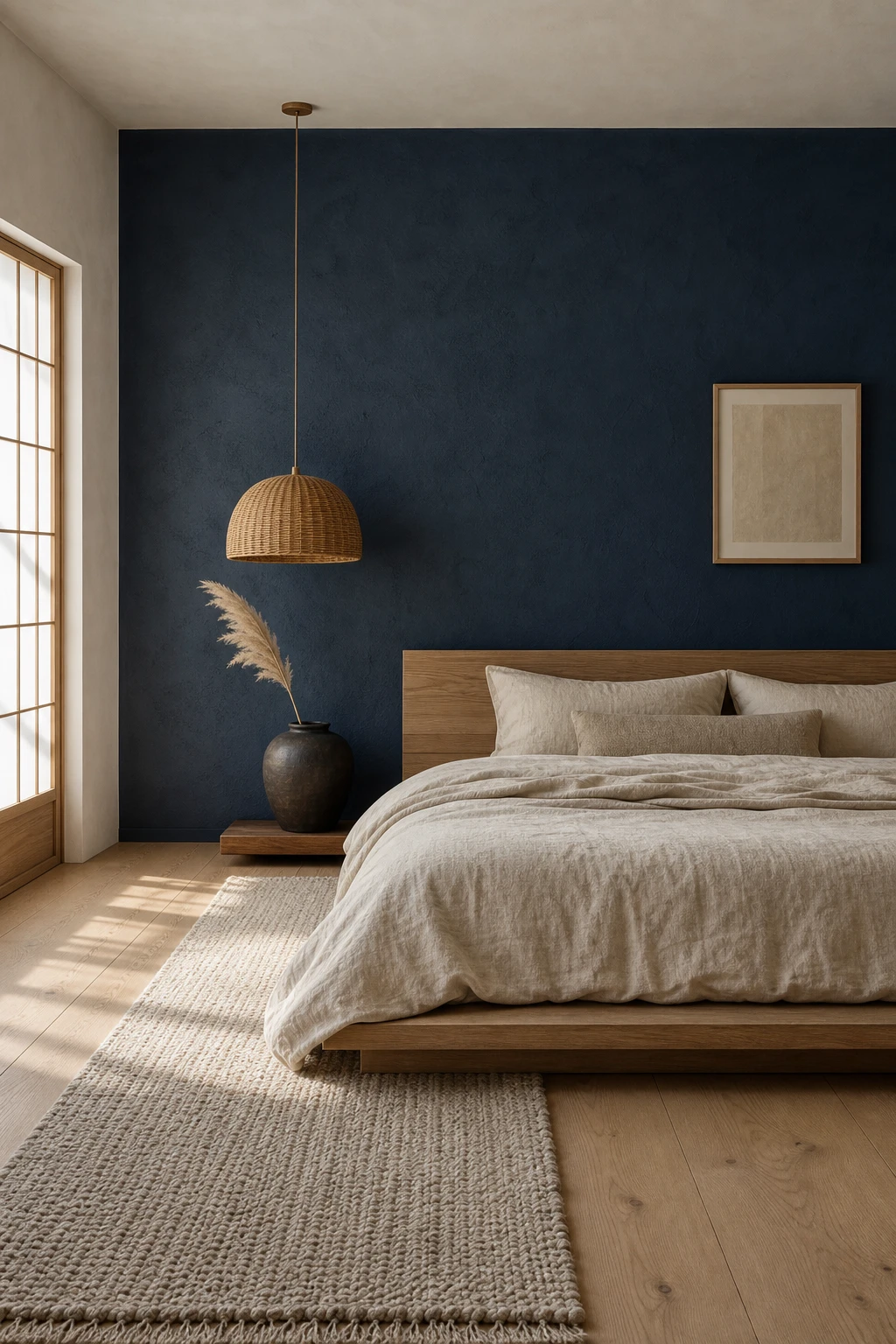 Japandi bedroom with a navy Hague Blue accent wall behind a low platform bed, linen bedding, rattan pendant, and pale oak flooring in soft morning light