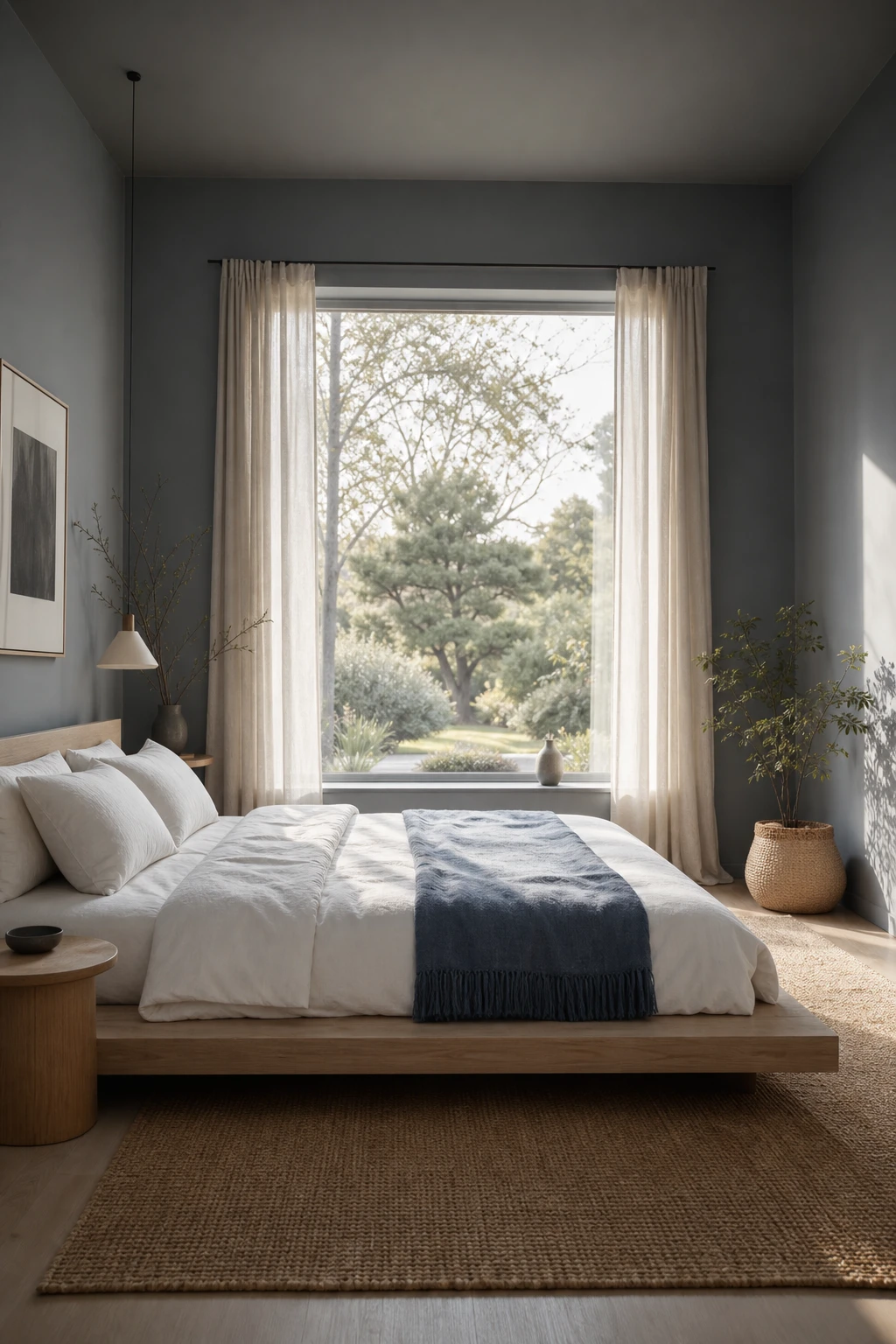 Japandi bedroom with bed facing a wide window, sheer linen drapes, low timber platform frame, and Farrow & Ball Graupel blue walls in soft morning light