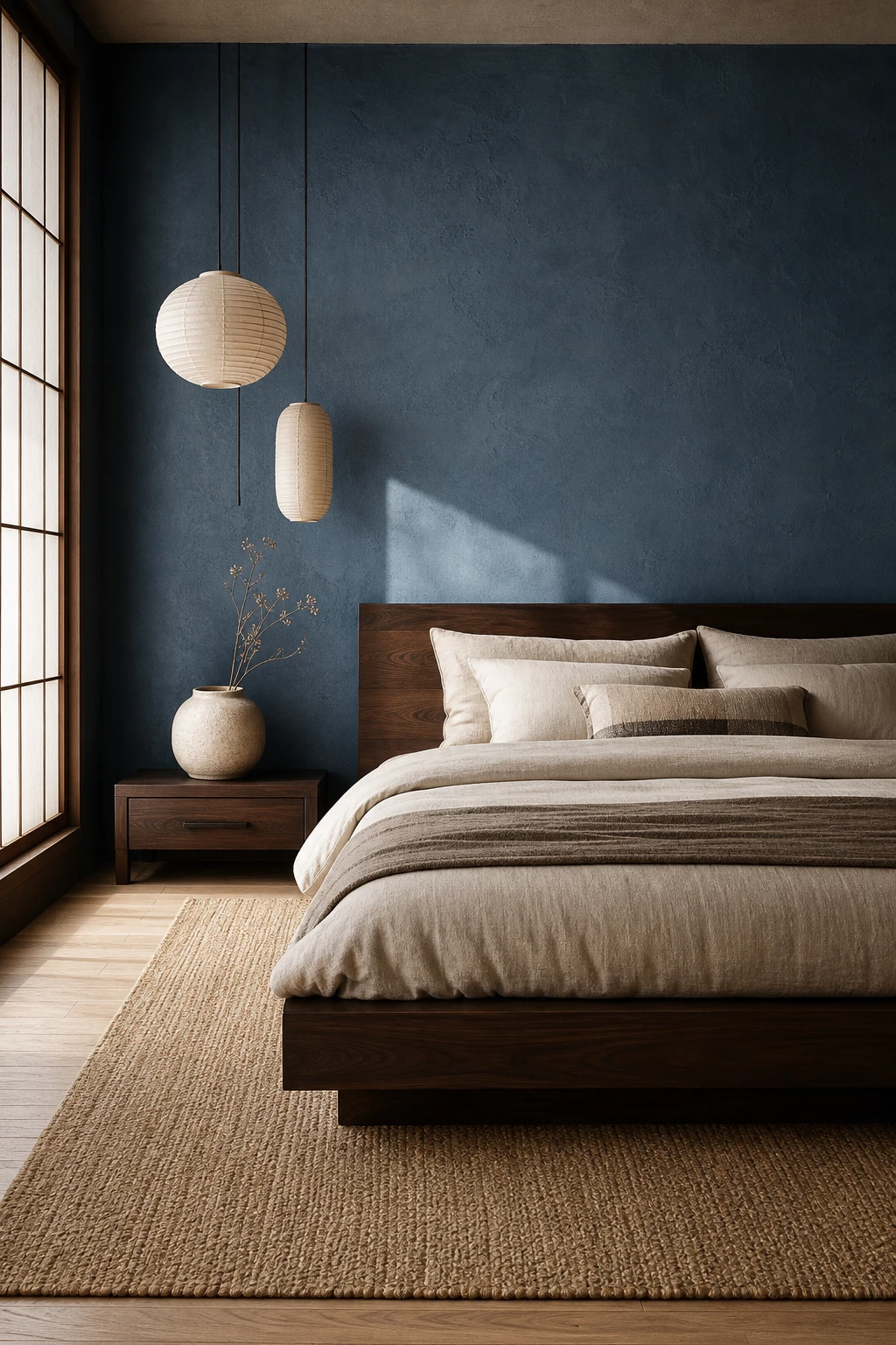 Japandi bedroom with Berrington Blue walls beside dark wood furniture, layered neutral bedding, woven textures and soft morning light