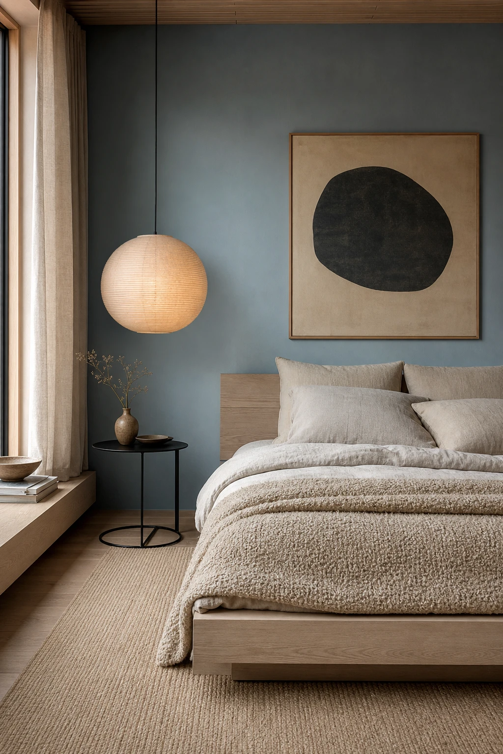 Japandi bedroom with blue and beige tones, linen bedding, low timber bed frame, washi paper pendant and Farrow and Ball Blue Maize painted wall