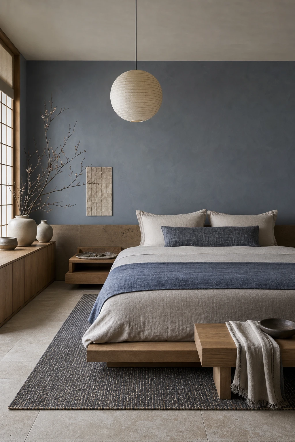 Japandi bedroom with blue and stone textures, low platform bed, linen bedding, raked stone tray, and Farrow and Ball Stone Blue walls in soft morning light