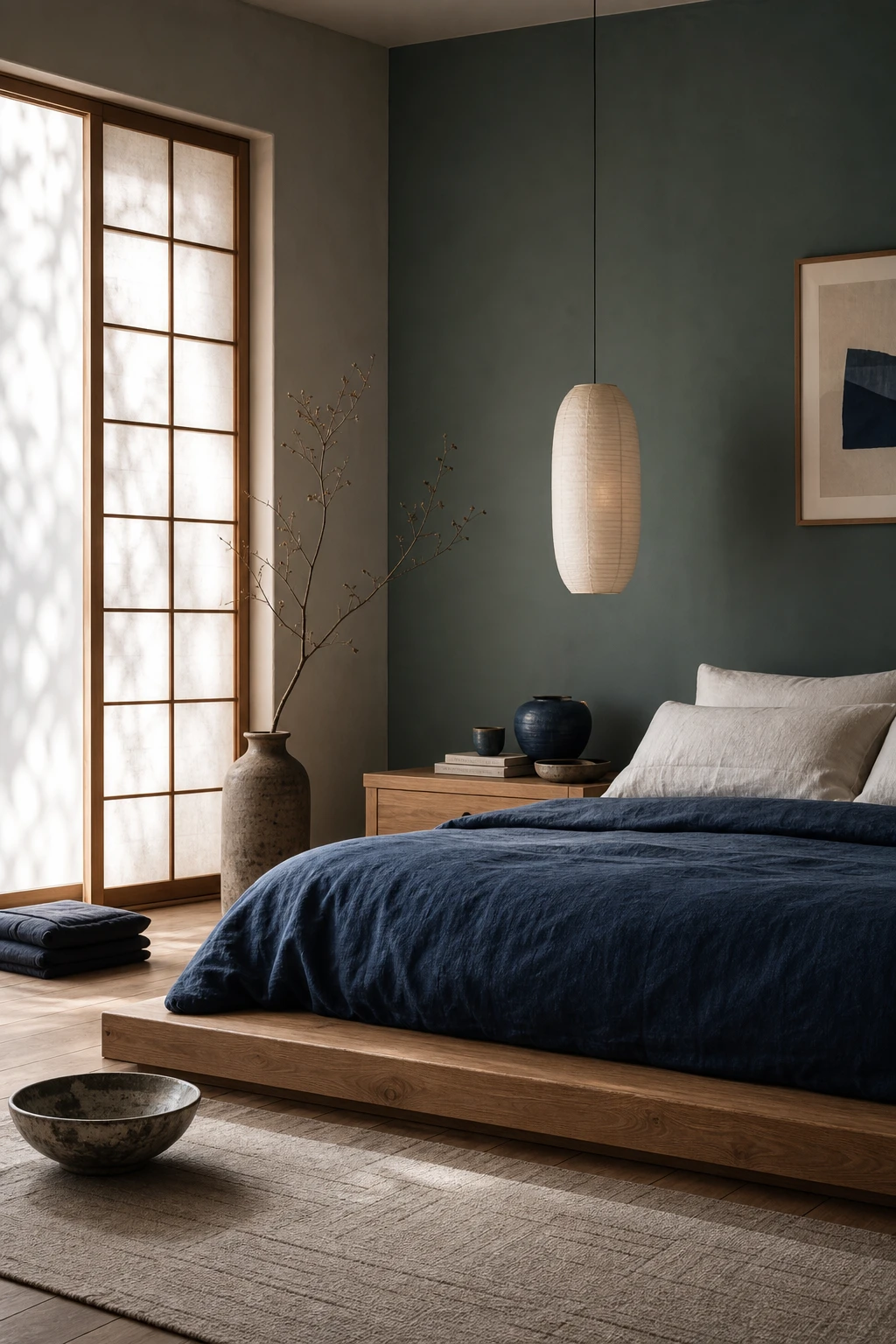 Japandi bedroom with blue and white palette featuring a low platform bed, natural linen, shoji style panels and Farrow & Ball Chappell Green walls in soft morning light