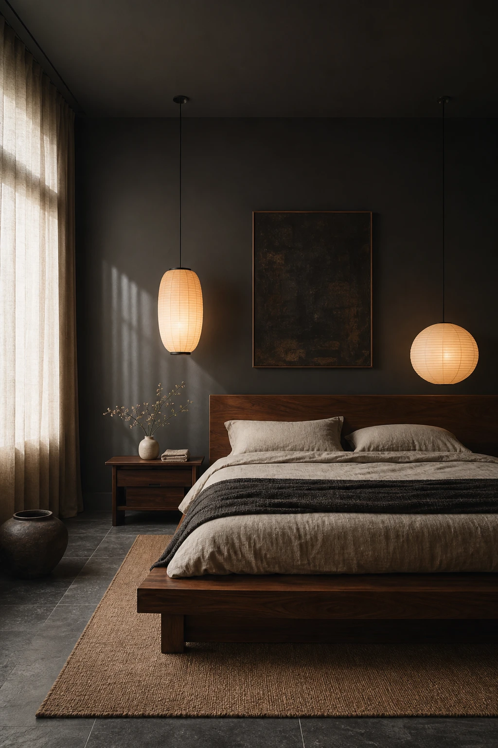 Japandi bedroom with charcoal walls and dark wood furniture, warm timber grain glowing against deep grey, soft natural morning light from a shaded window