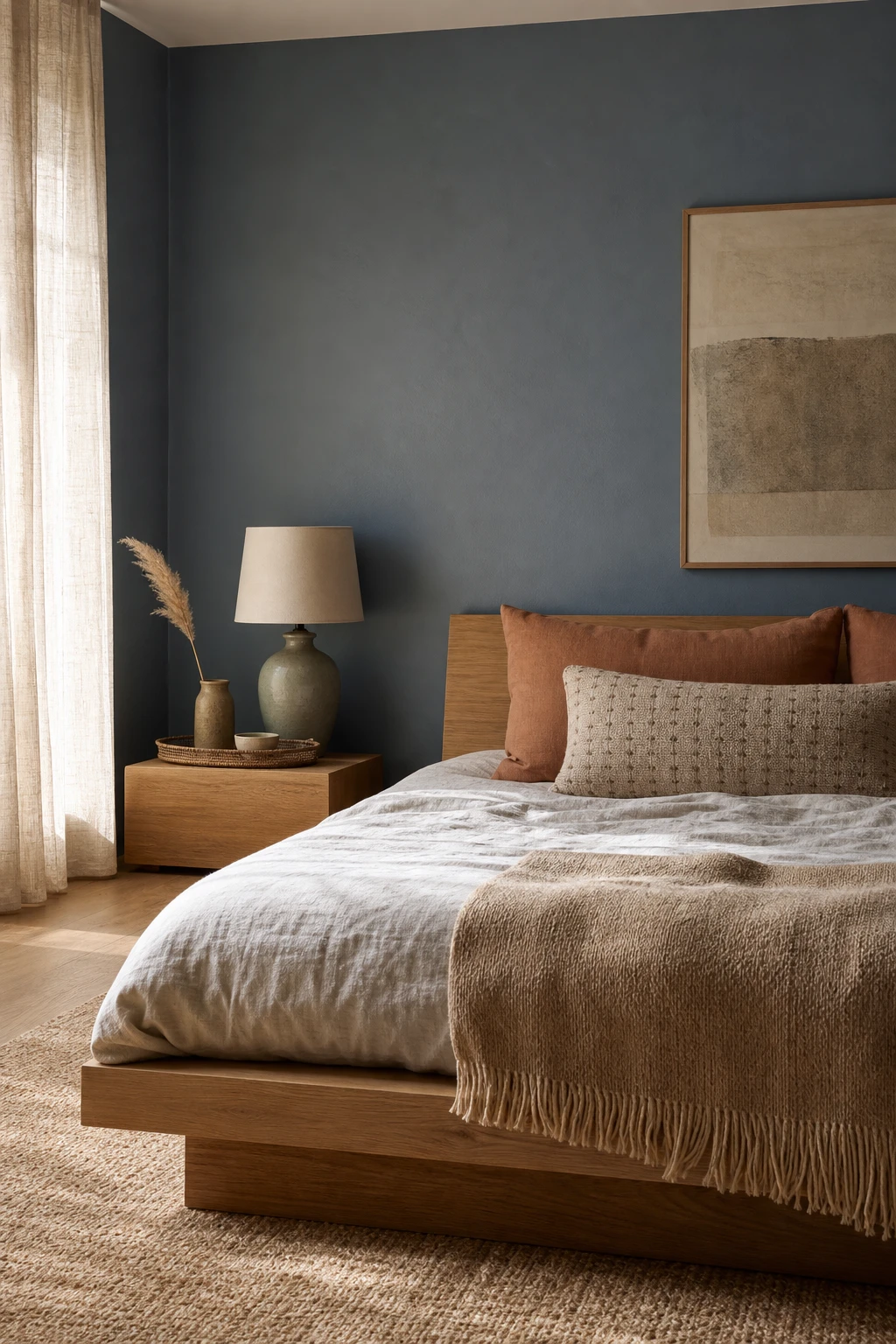 Japandi bedroom with colourful earthy desaturated tones, muted terracotta, sage and dusty blue walls painted in Farrow and Ball Cooks Blue, warm natural light