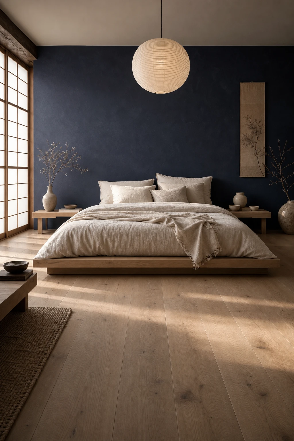 Japandi bedroom with dark blue accent wall, natural linen bedding, low platform bed, washi paper pendant, and warm timber floor in calm neutral tones