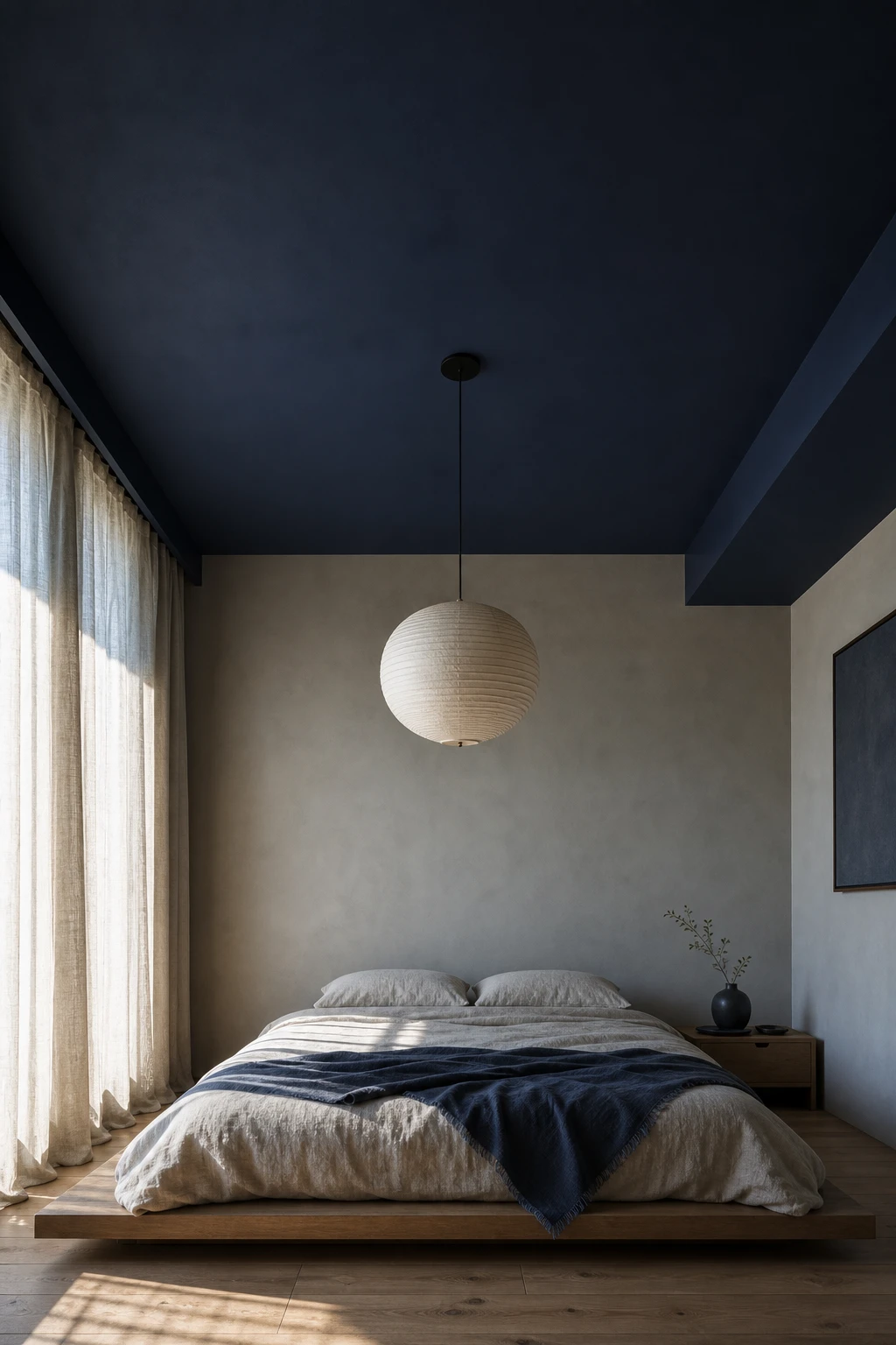 Japandi bedroom with dark blue ceiling painted Farrow and Ball Pitch Blue cradling a low platform bed, natural linen bedding, paper lantern, and oak floor