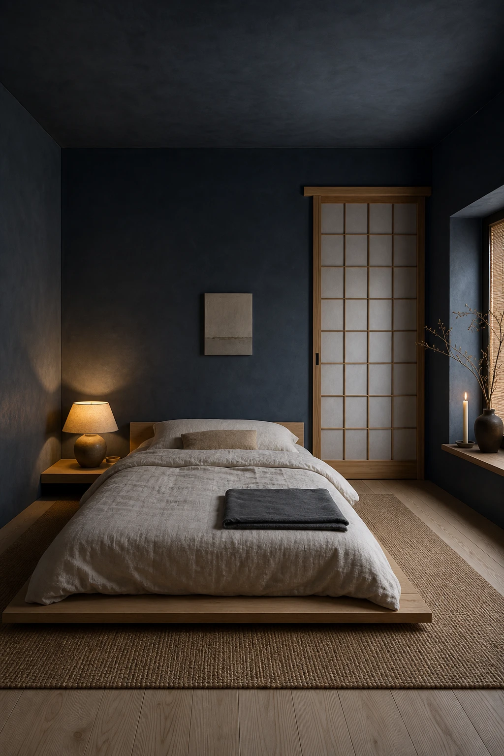 Japandi bedroom with dark blue walls and ceiling creating a cocoon effect, low platform bed, natural linen, warm candlelight, and matte plaster surfaces