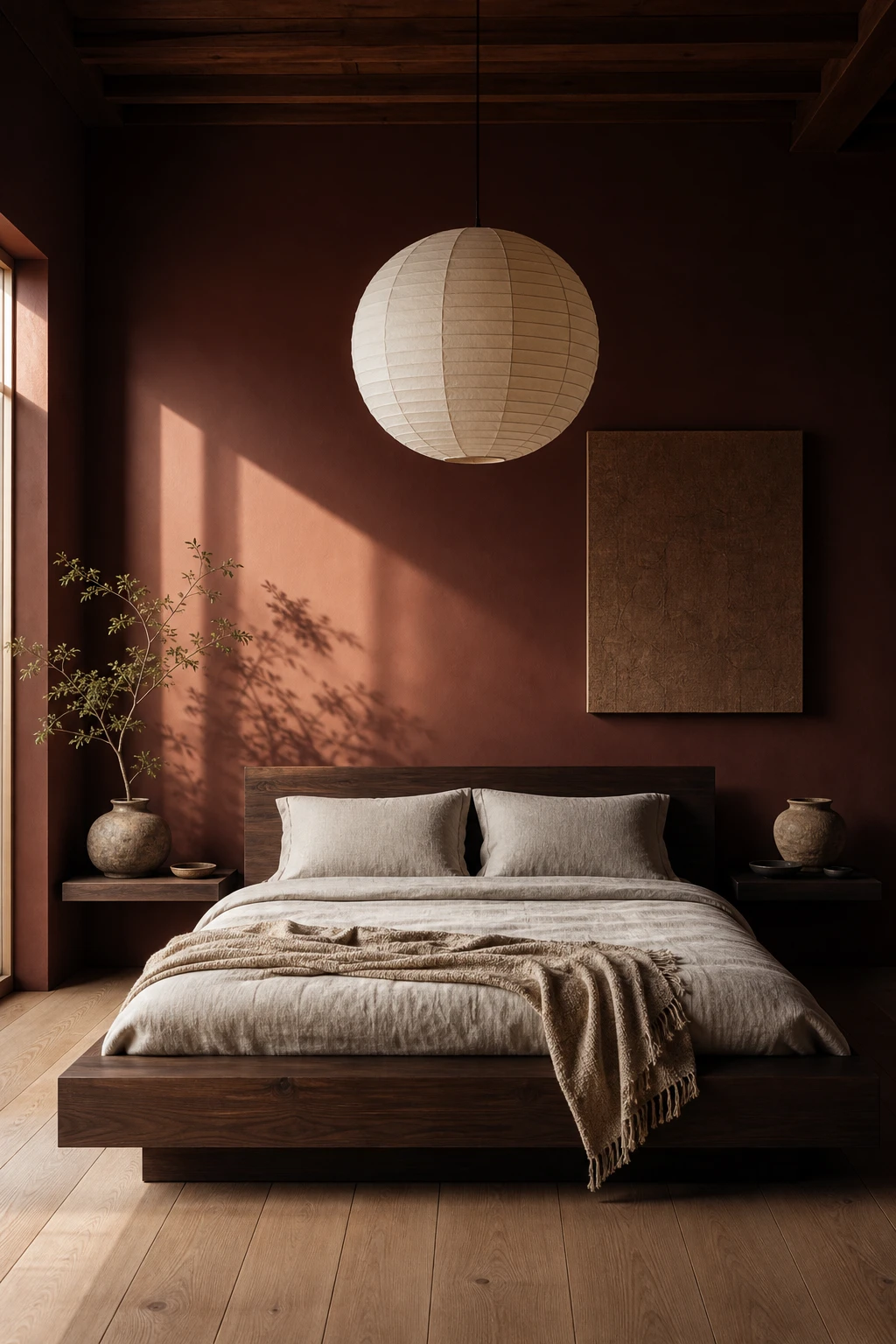Japandi bedroom with dark brown wood bed frame as hero anchor, linen bedding, low profile silhouette, warm morning light, Farrow and Ball Mahogany walls