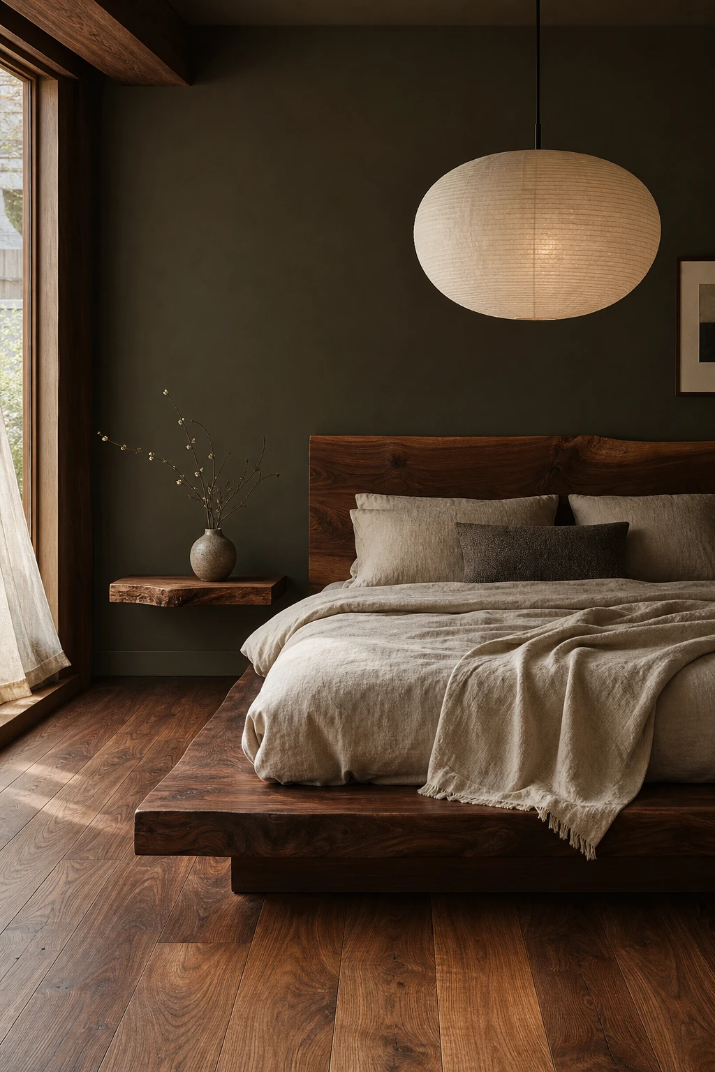 Japandi bedroom with dark walnut wood bed frame as hero, warm brown walls, linen bedding, washi paper pendant, and hardwood floor in soft morning light