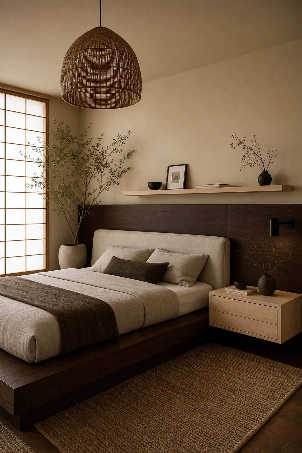 Japandi bedroom with dark wood and light wood contrast accents, warm neutral walls, linen bedding, shoji style window, low platform bed, soft morning light