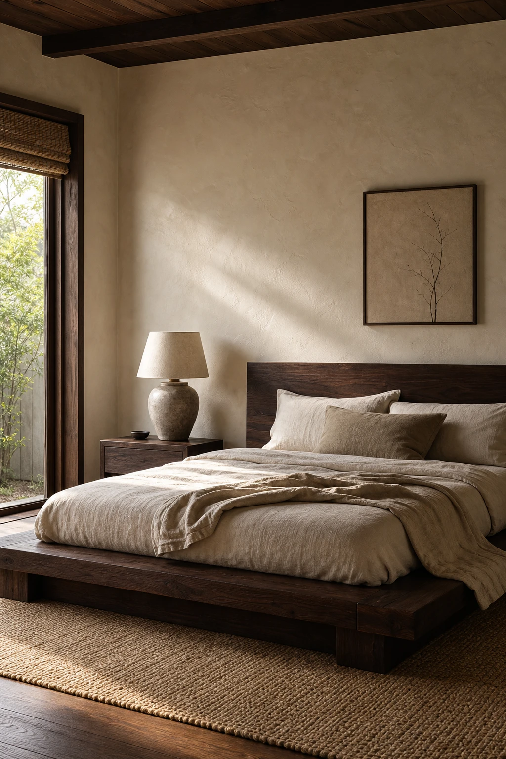 Japandi bedroom with dark wood bed frame and beige walls painted Farrow and Ball Joas White, soft linen bedding, woven rug, and warm morning light