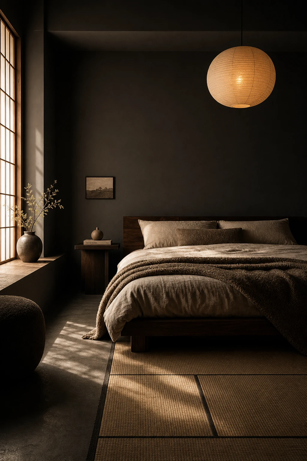 Japandi bedroom with dark wood bed frame and Farrow & Ball Down Pipe walls, soft linen bedding, paper lantern pendant, and warm morning light