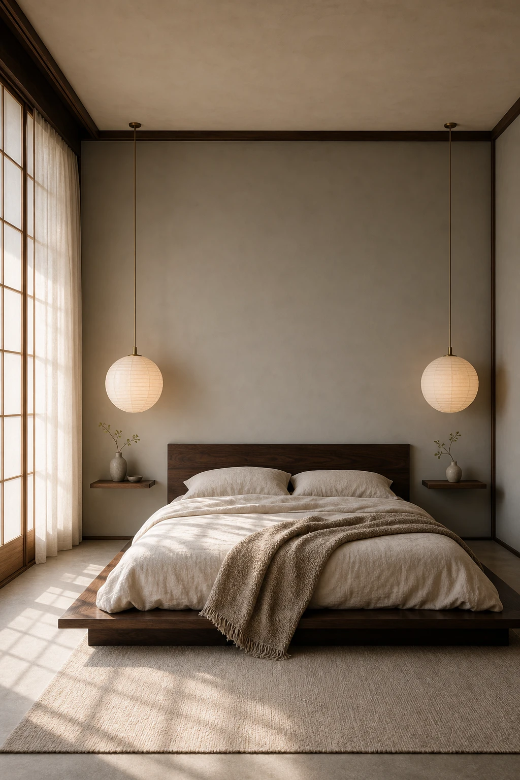 Japandi bedroom with dark wood bed frame and two washi paper pendant lights hanging at bedside, walls in Farrow and Ball Pavilion Gray paint, linen bedding