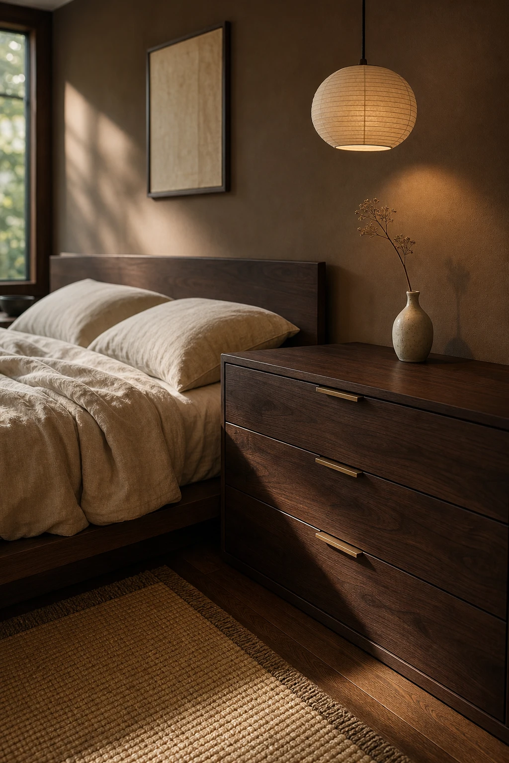 Japandi bedroom with dark wood chest of drawers used as nightstand beside a low platform bed, warm side lighting, linen bedding, wabi sabi accents