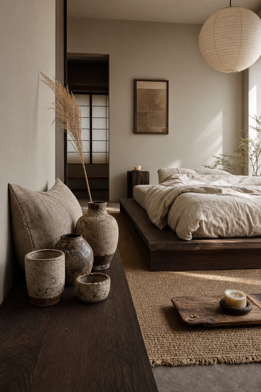 Japandi bedroom with dark wood featuring wabi sabi details including handmade ceramic vessels rough linen textiles and a low platform bed in warm neutral tones