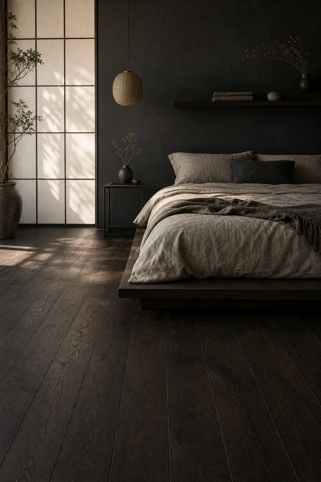 Japandi bedroom with dark wood floor as hero, low platform bed, linen bedding, shoji screen, and Farrow and Ball Smelt Black accent wall in soft morning light