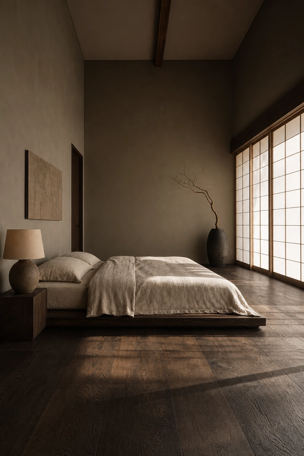 Japandi bedroom with dark wood floor bed at floor level, linen bedding, shoji screen, ceramic lamp and Farrow and Ball Drab painted walls in warm morning light