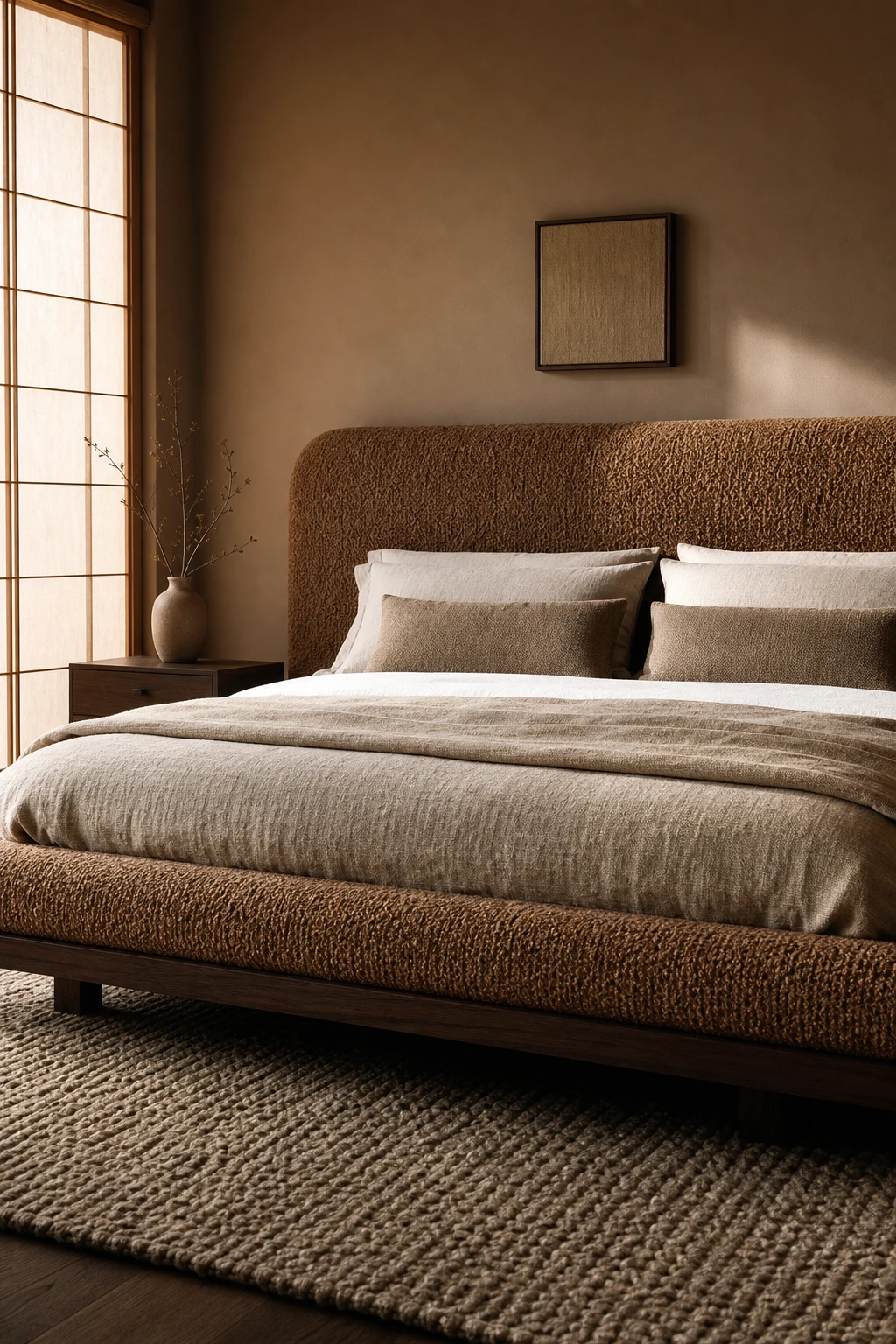 Japandi bedroom with dark wood furniture and a brown boucle upholstered bed as the hero, styled with warm neutral walls and soft natural light