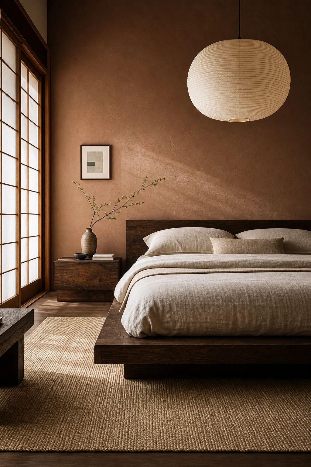 Japandi bedroom with dark wood furniture and a warm brown London Clay feature wall, low platform bed, linen bedding, washi paper pendant and sliding shoji screen