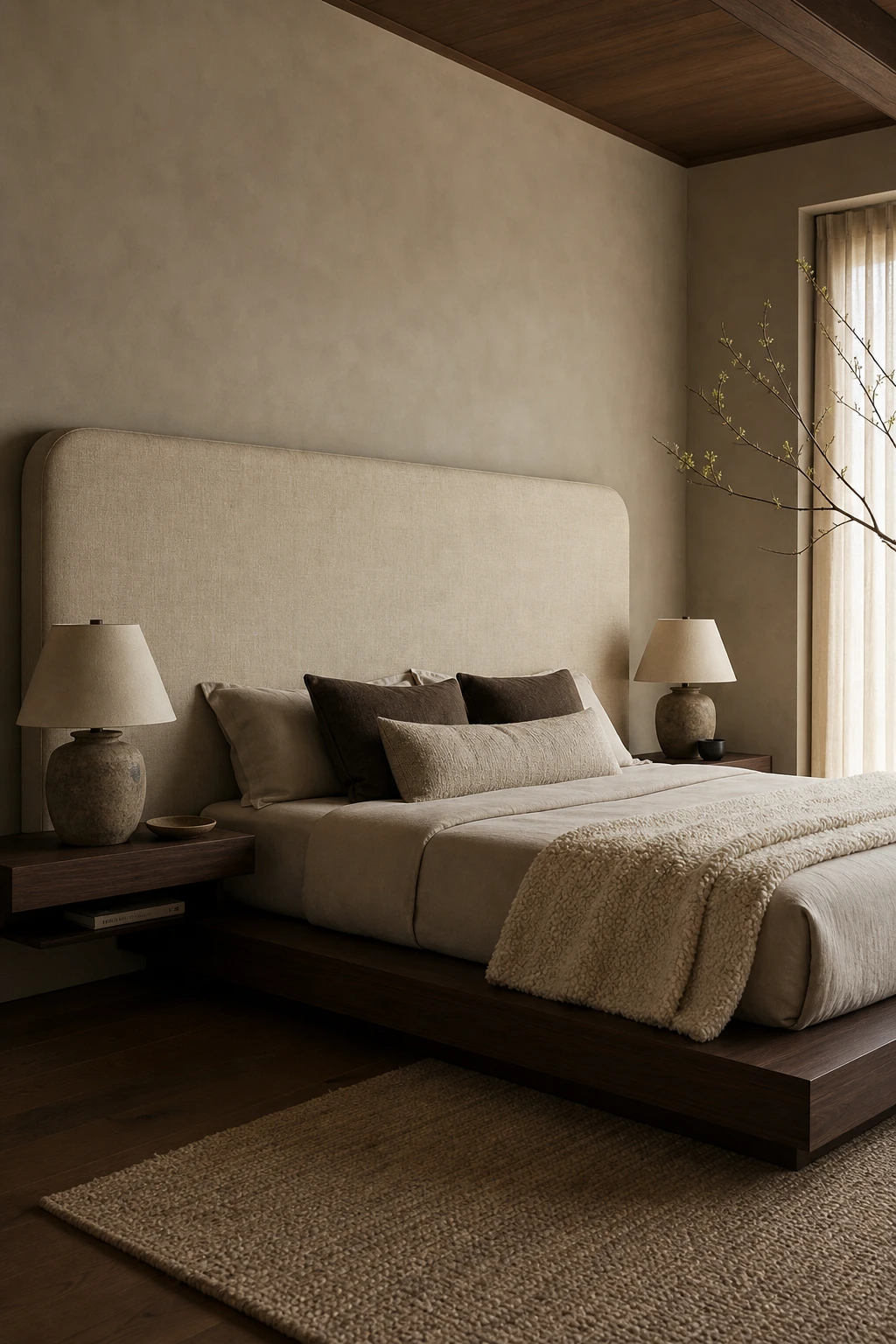Japandi bedroom with dark wood furniture and a wide upholstered linen headboard against a Skimming Stone wall, soft morning light from sheer curtains