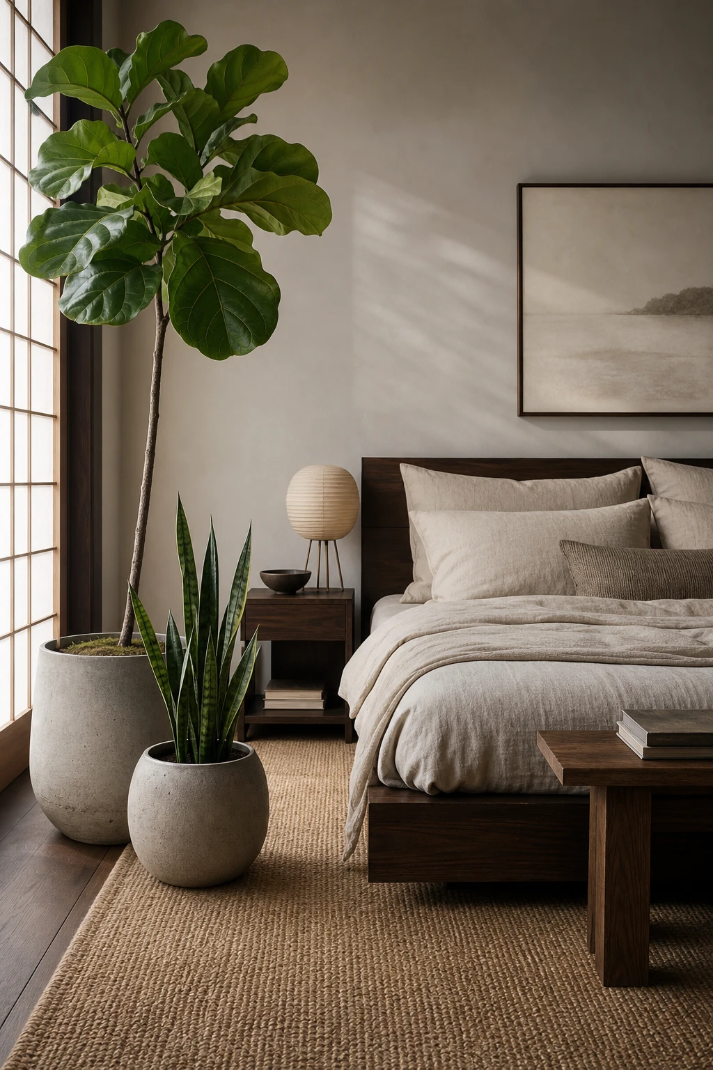 Japandi bedroom with dark wood furniture and lush greenery as the hero, sage green walls in Farrow and Ball Mizzle paint, soft natural morning light