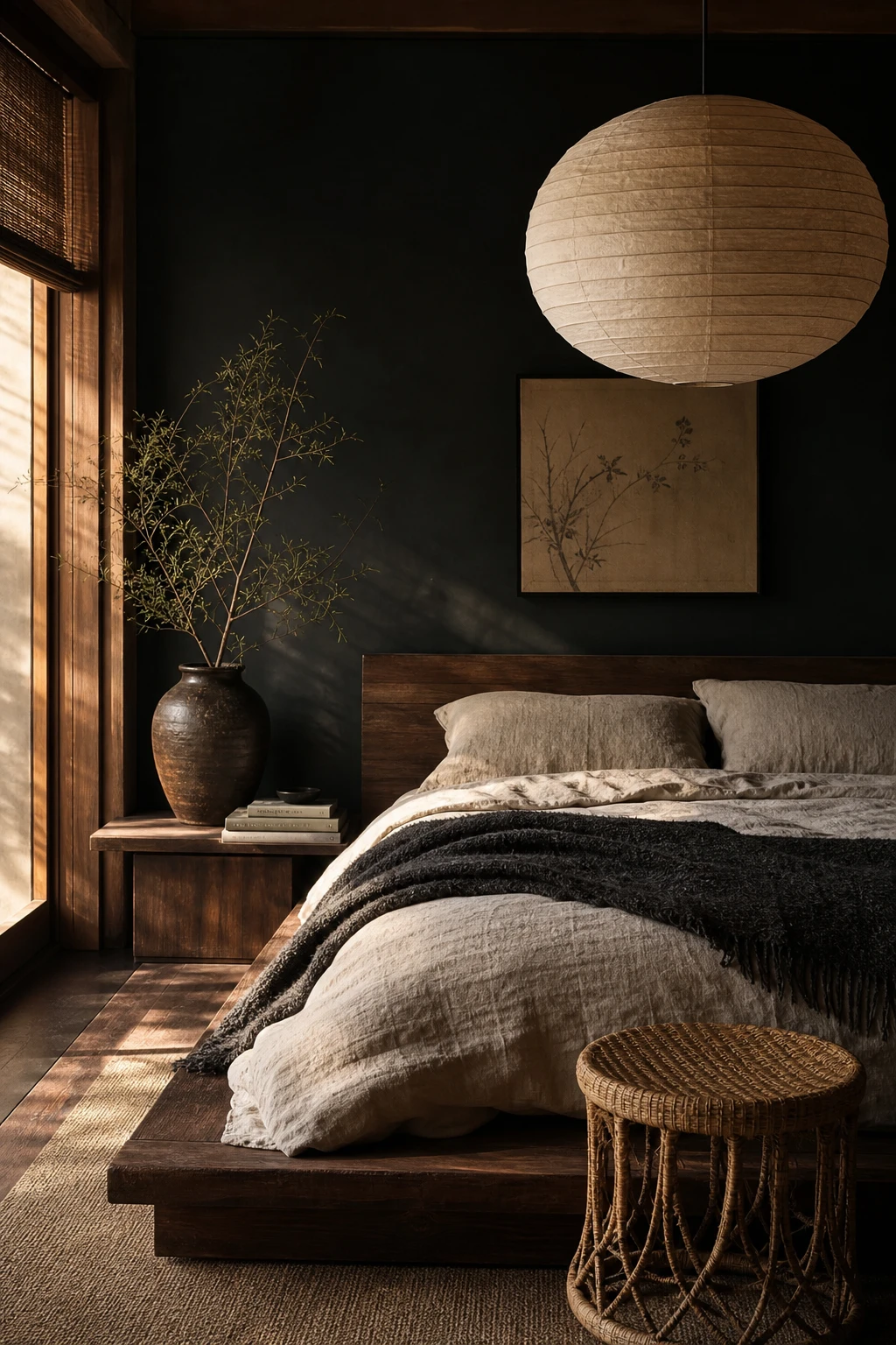 Japandi bedroom with dark wood furniture and masculine tones, deep charcoal walls, linen bedding, paper pendant light and rattan accents in warm evening light