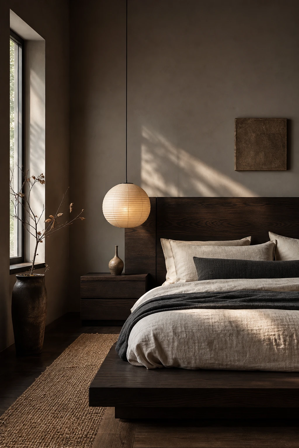 Japandi bedroom with dark wood furniture and moody atmosphere, warm neutral walls, linen bedding, paper lantern pendant, and natural texture layering in soft morning light