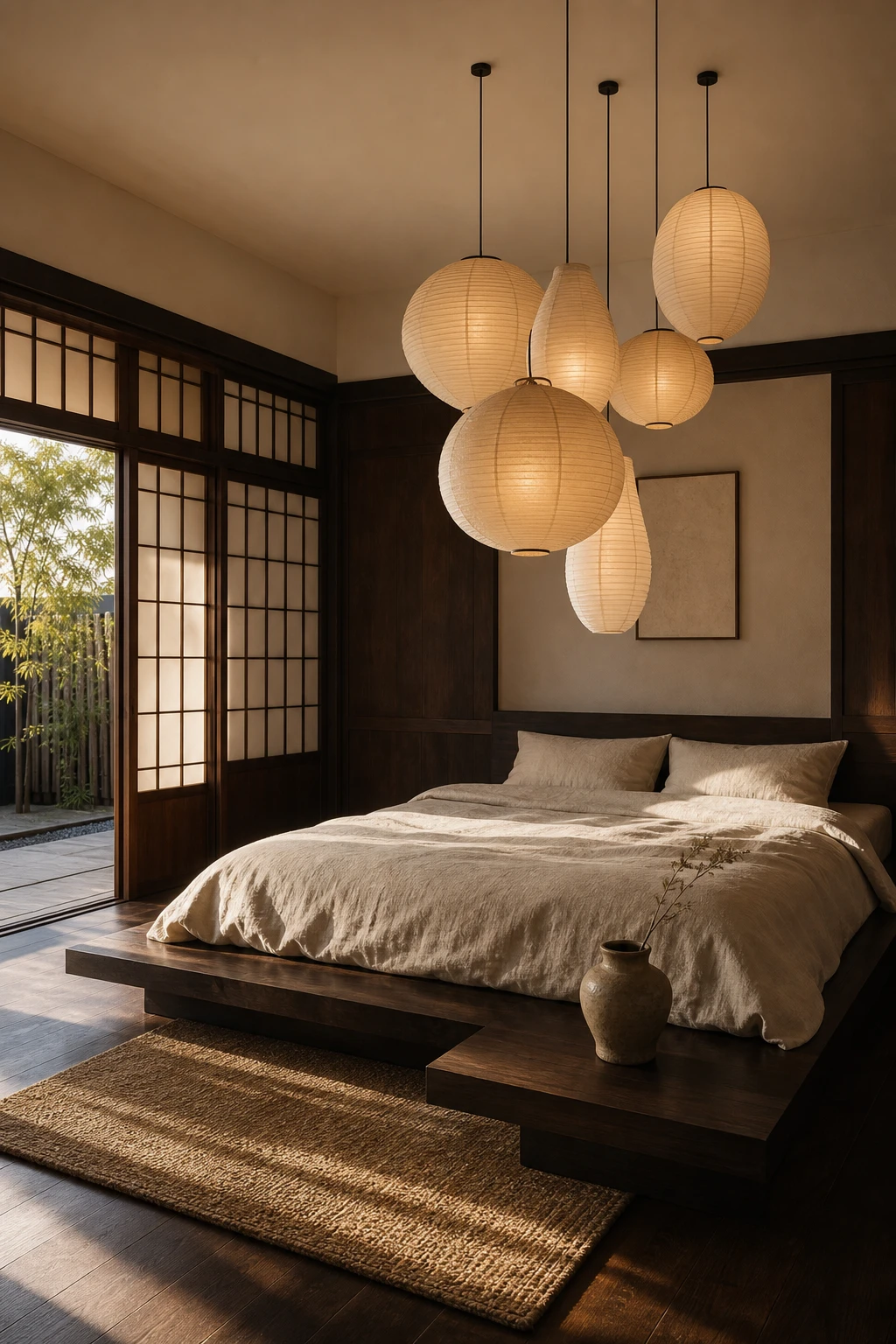Japandi bedroom with dark wood furniture and oversized paper lanterns glowing softly above a low platform bed dressed in undyed linen