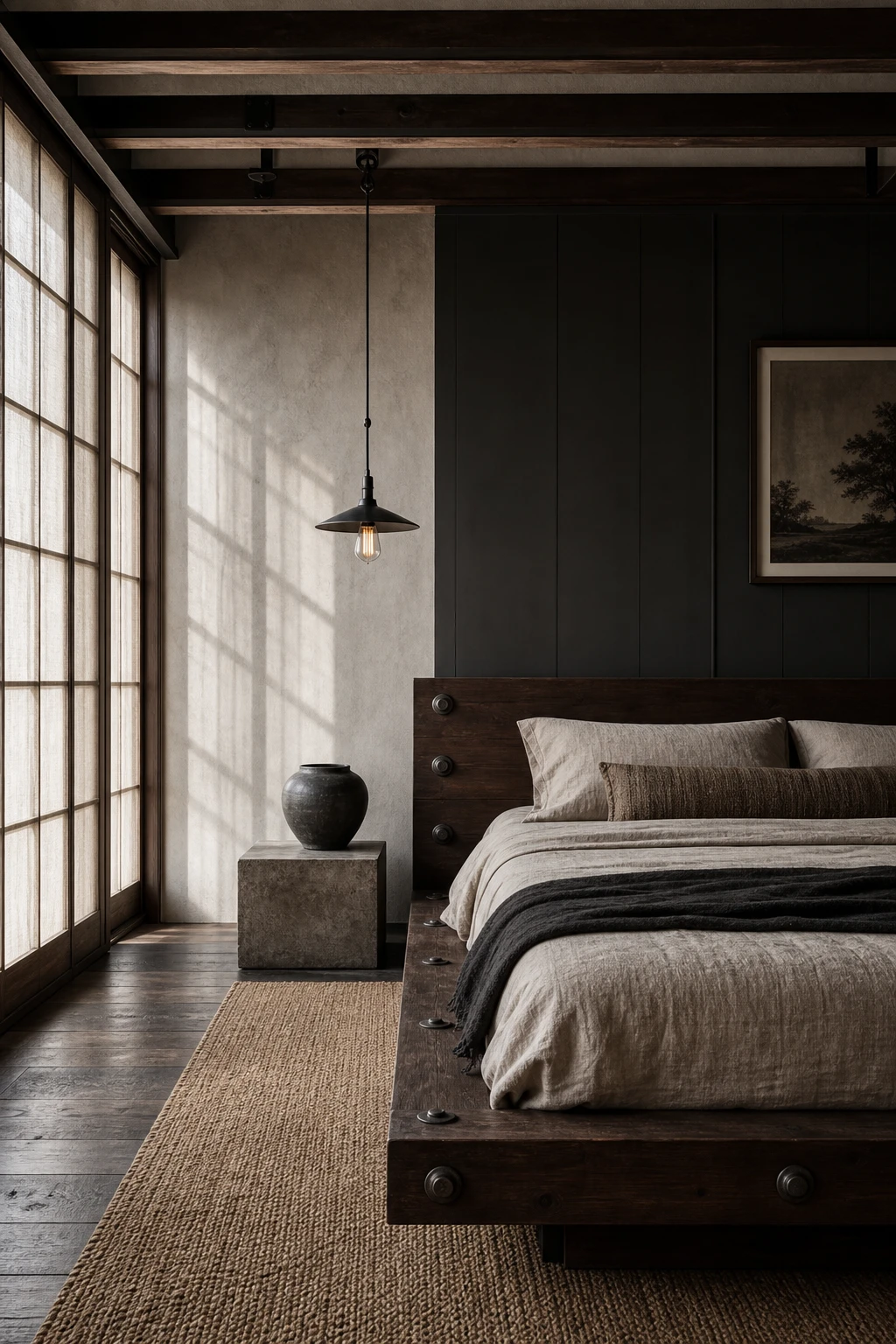 Japandi bedroom with dark wood furniture and raw industrial details, exposed bolt hardware and aged steel lamp against Farrow Ball Railings painted wall, soft morning light