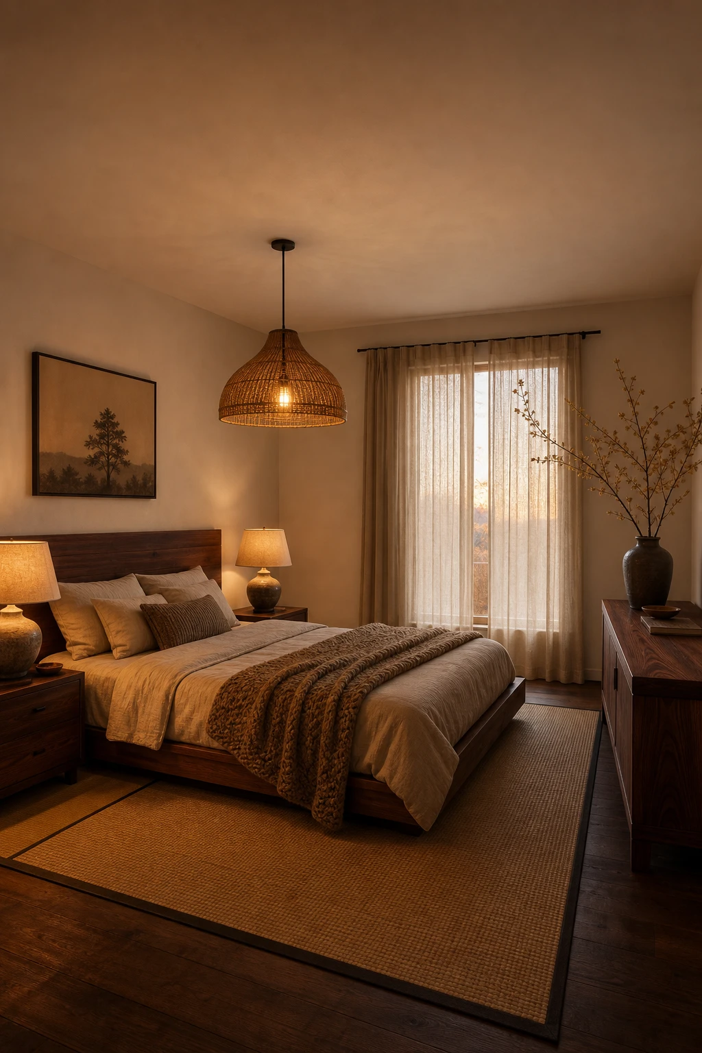 Japandi bedroom with dark wood furniture glowing under soft warm pendant and bedside lighting, Farrow and Ball Clunch walls, linen bedding, tatami floor mat