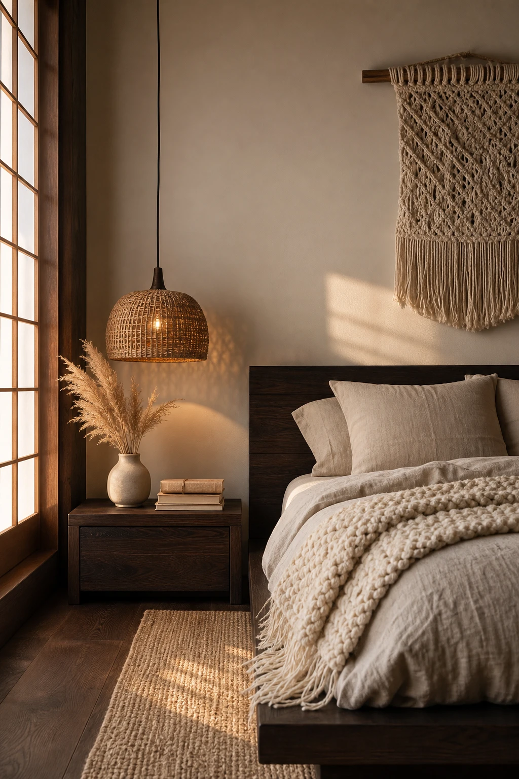 Japandi bedroom with dark wood furniture softened by woven rattan, macrame wall hanging, linen bedding and layered wool throws in warm neutral tones