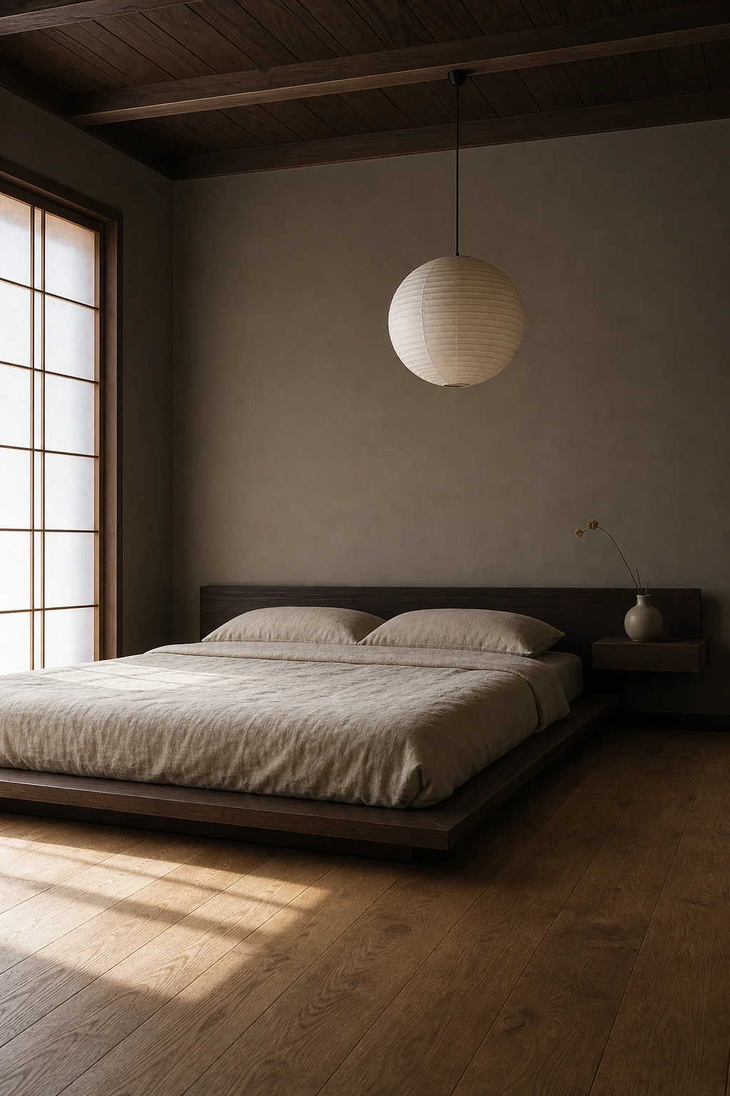 Japandi bedroom with dark wood low bed silhouette against London Stone painted walls, linen bedding, paper lantern pendant and oak hardwood floor